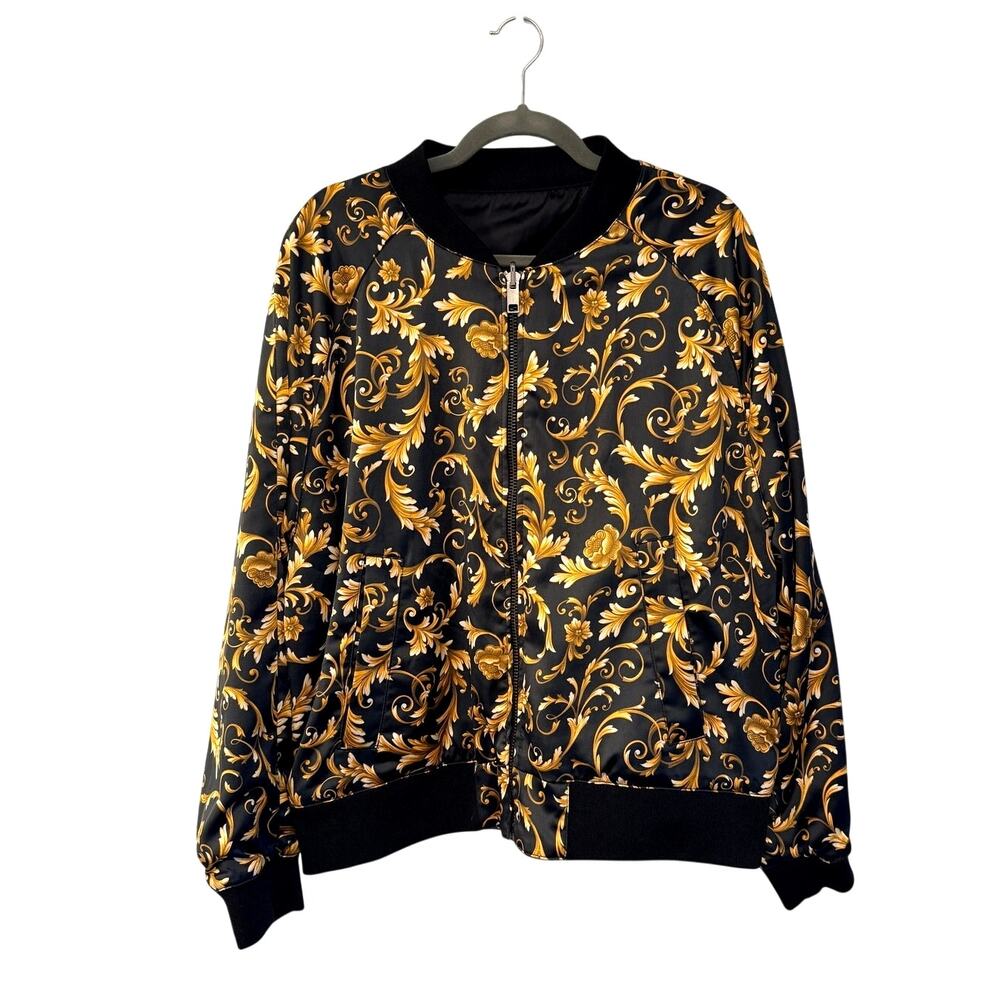 Versace for H&M Mens XL Reversible Bomber Jacket Gold Baroque Print Black